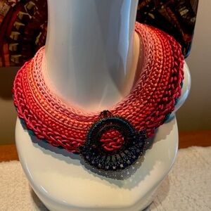 Fabulous bright pink artisan crochet collar necklace  rhinestone centerpiece